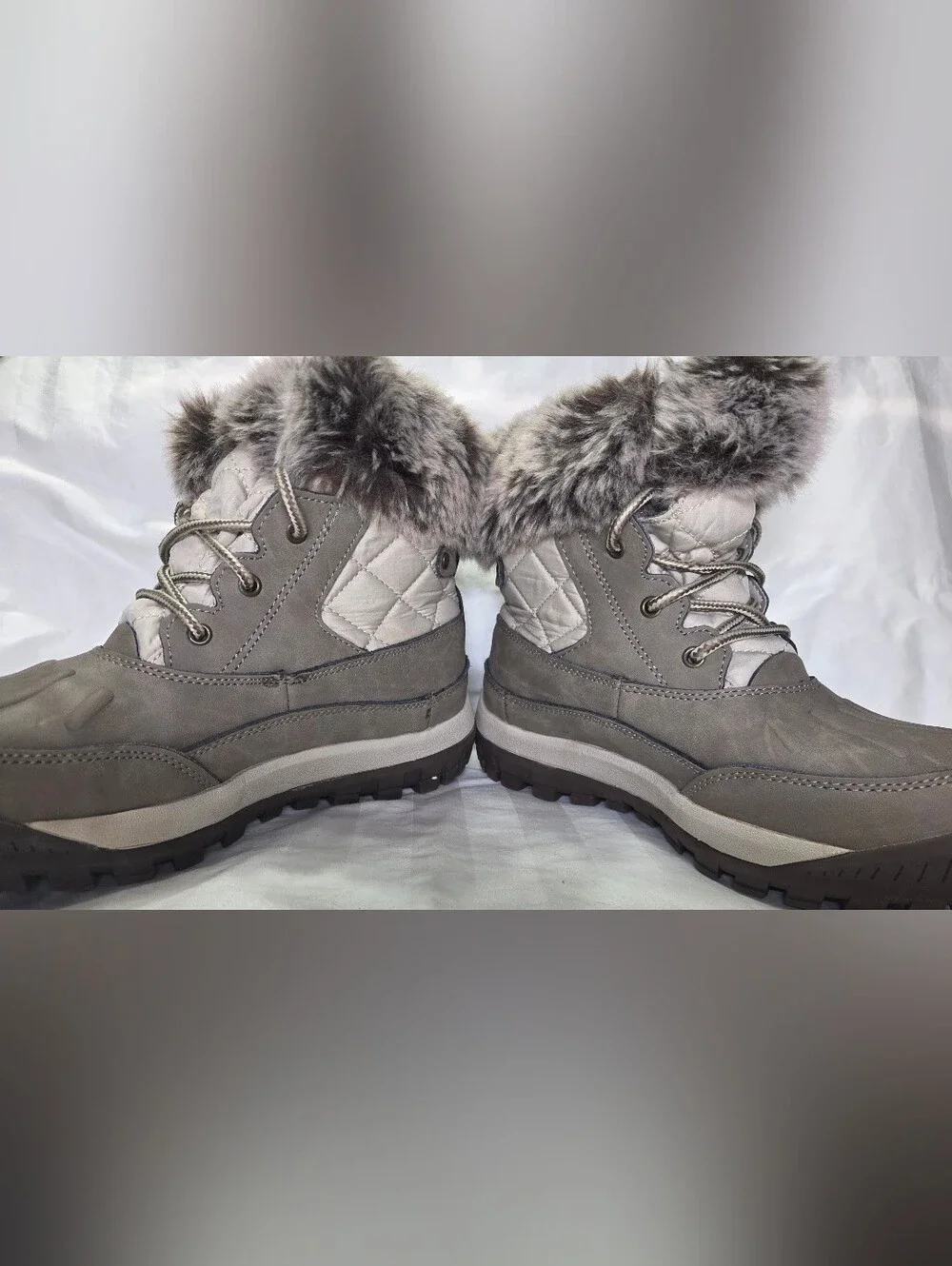 BEARPAW Becka Women’s Waterproof Snow Boots Stone Gray Fur Trim Lace Up Size 8